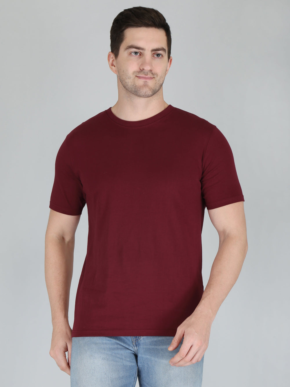 plain men's half sleeve t shirt wine xs cotton round neck