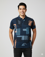 Navy Abstract Print Polo T-shirt