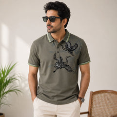 Men's Olive Green Crane Graphic Polo T-Shirt