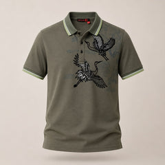 Men's Olive Green Crane Graphic Polo T-Shirt