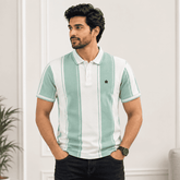 Men's White & Mint Green Vertical Striped Polo T-Shirt