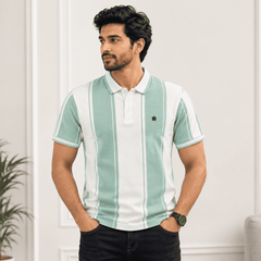 Men's White & Mint Green Vertical Striped Polo T-Shirt