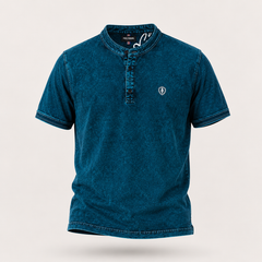 Men's Navy Blue Textured Mandarin Collar T-Shirt