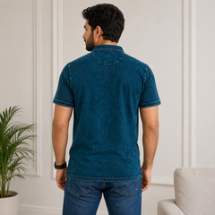 Men's Navy Blue Textured Mandarin Collar T-Shirt