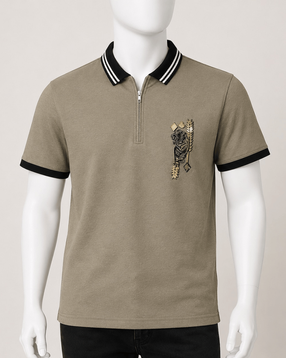 Stone Grey Zip Polo T-Shirt