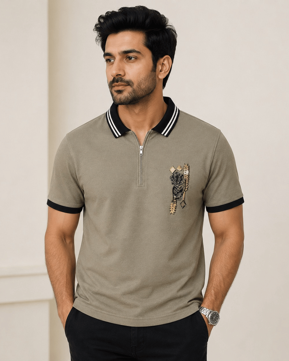 Stone Grey Zip Polo T-Shirt