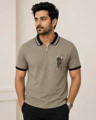 Stone Grey Zip Polo T-Shirt