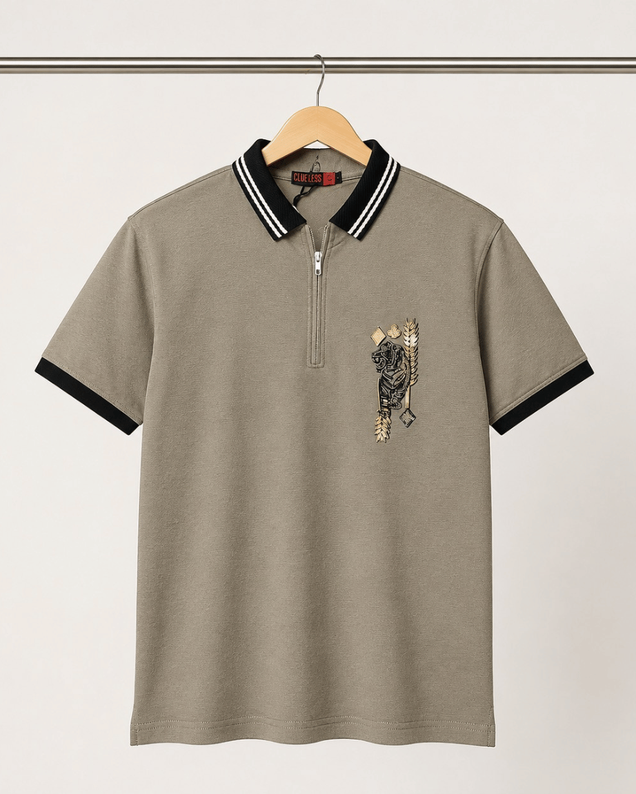 Stone Grey Zip Polo T-Shirt