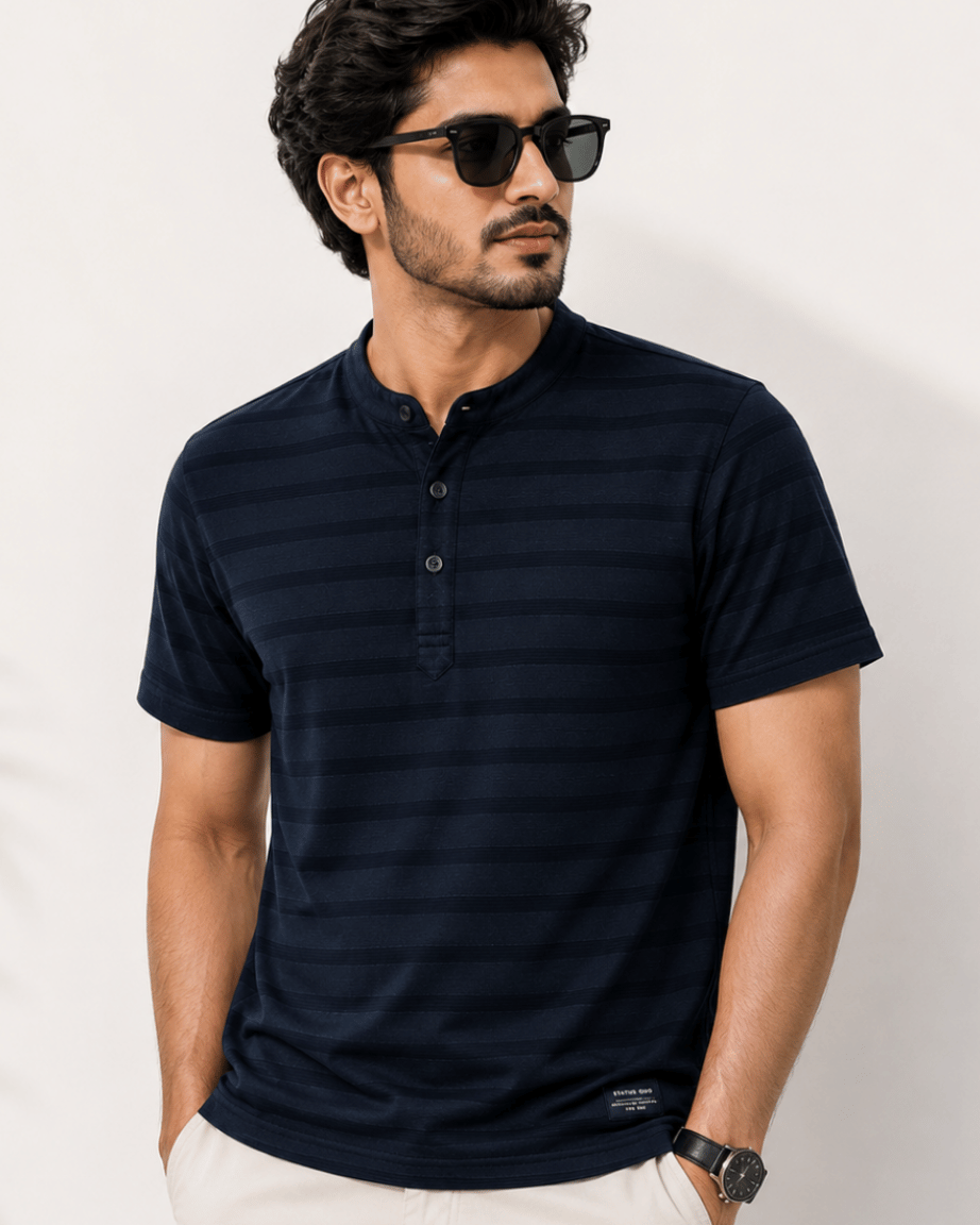 Midnight Stripe Mandarin Collar T-Shirt