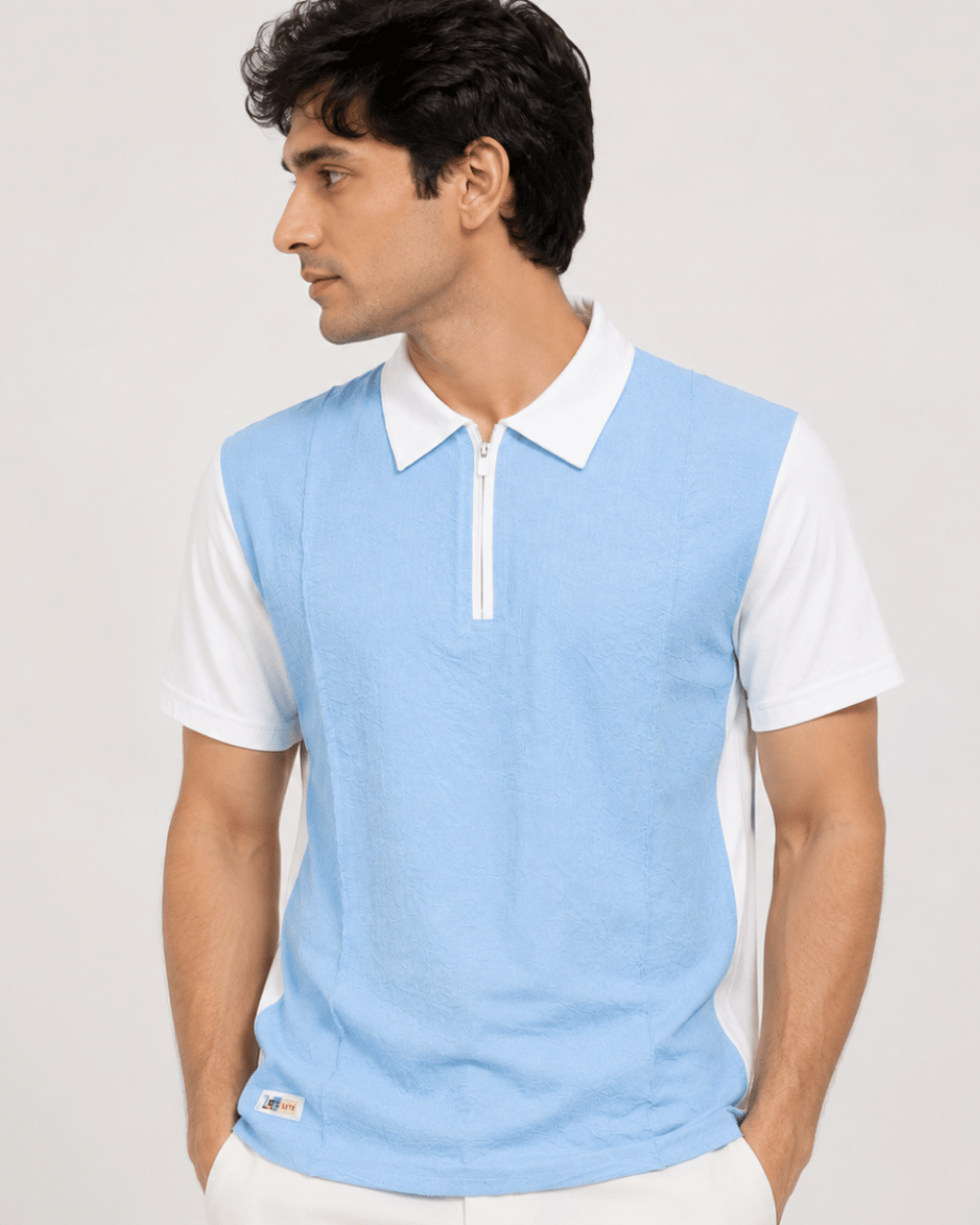 Sky Blue Zip Collar Polo T-Shirt