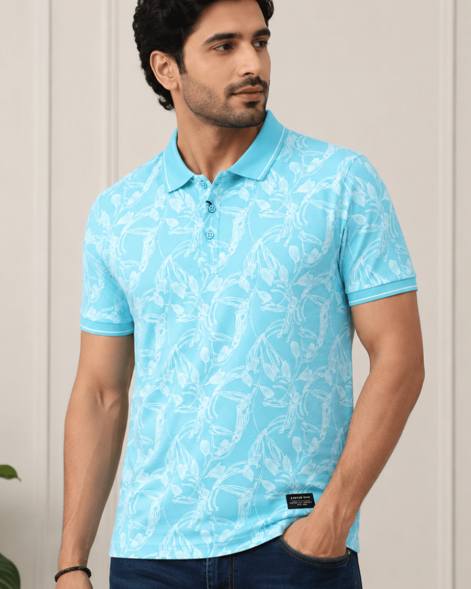 Sky Bloom Floral Print Polo T-Shirt