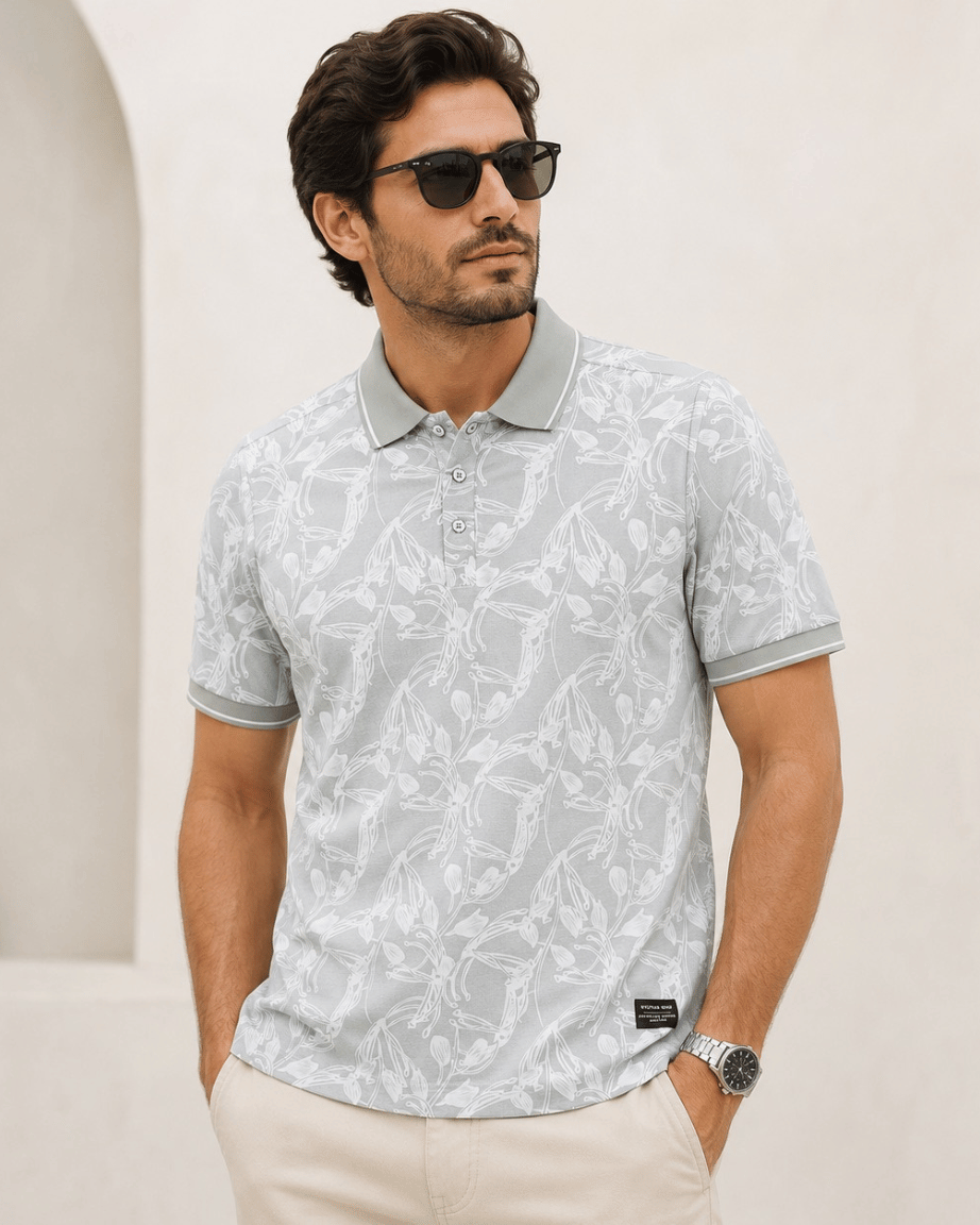 Mist Grey Floral Print Polo T-Shirt