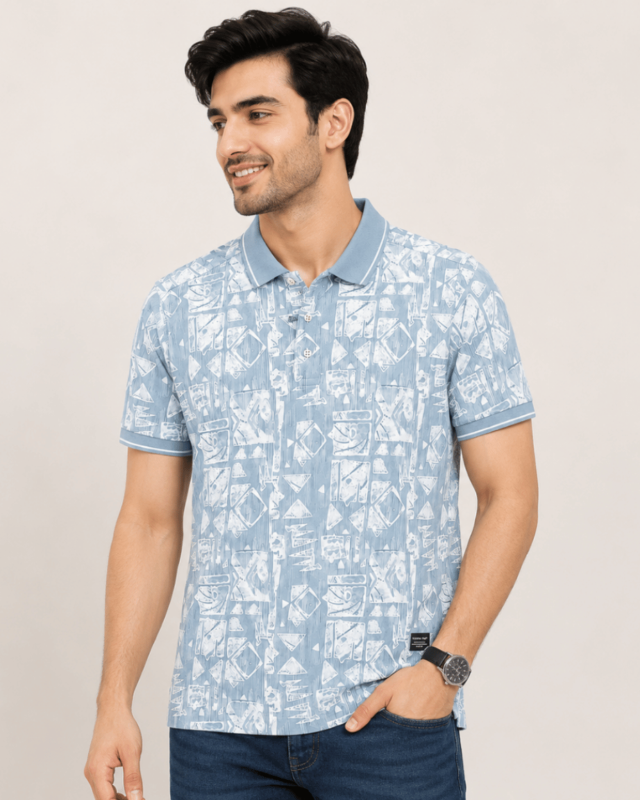 Ice Blue Geometric Print Polo T-Shirt
