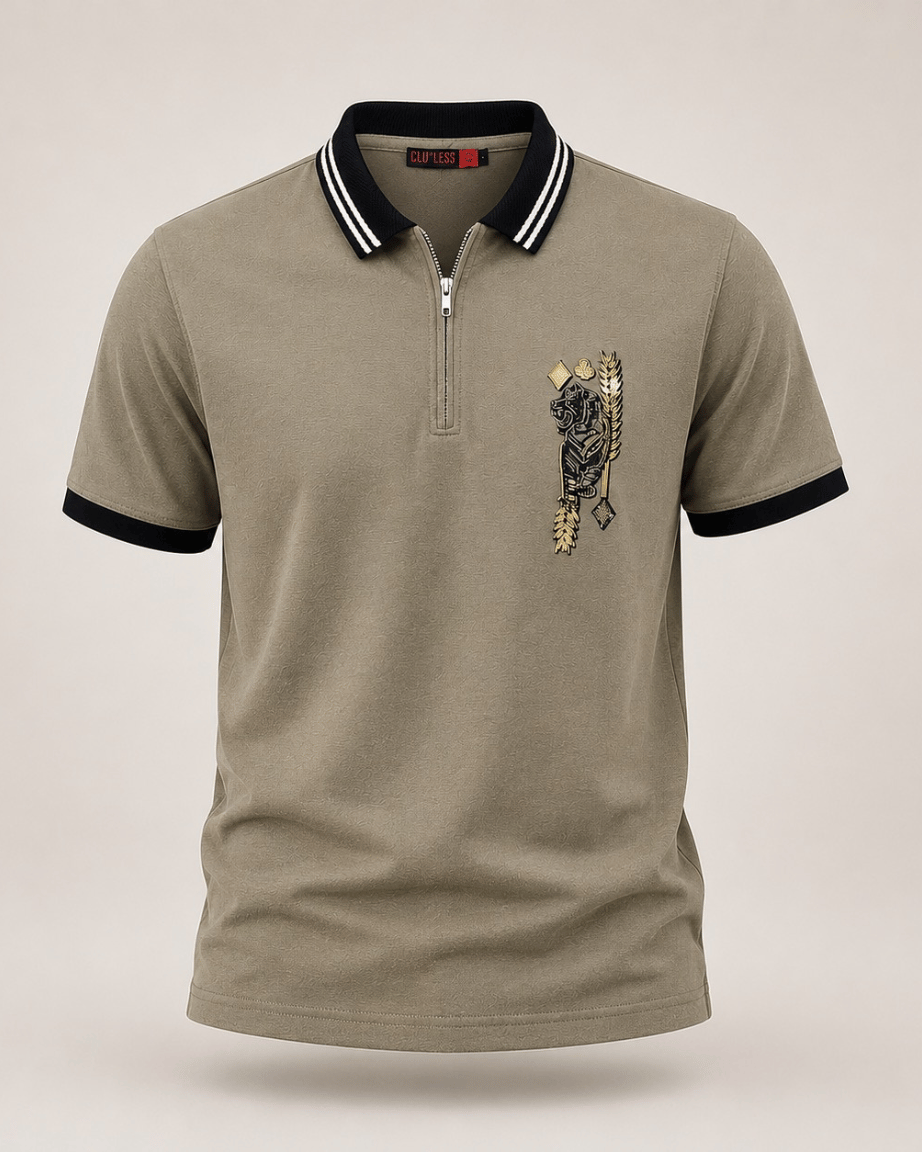 Stone Grey Zip Polo T-Shirt