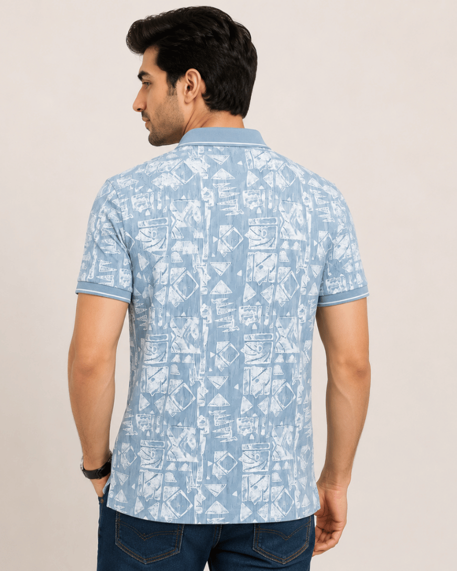 Ice Blue Geometric Print Polo T-Shirt