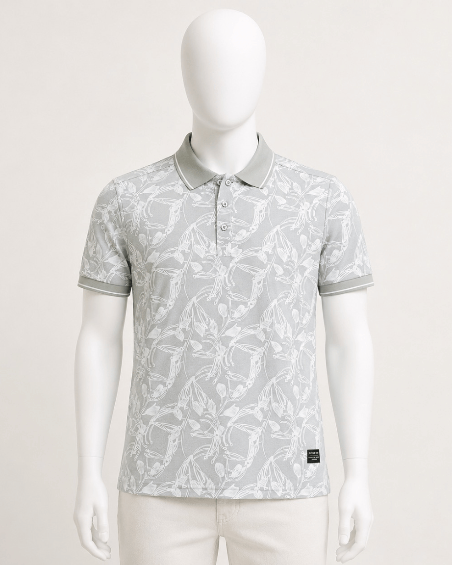 Mist Grey Floral Print Polo T-Shirt