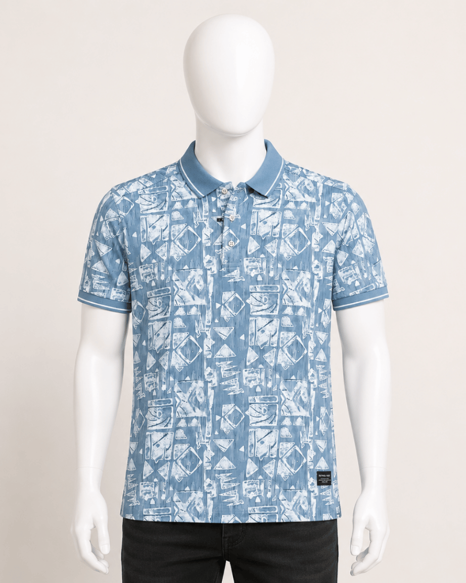 Ice Blue Geometric Print Polo T-Shirt