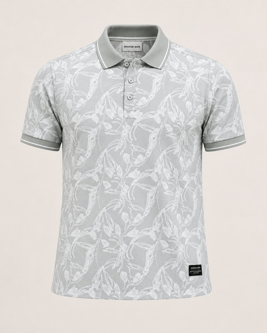 Mist Grey Floral Print Polo T-Shirt