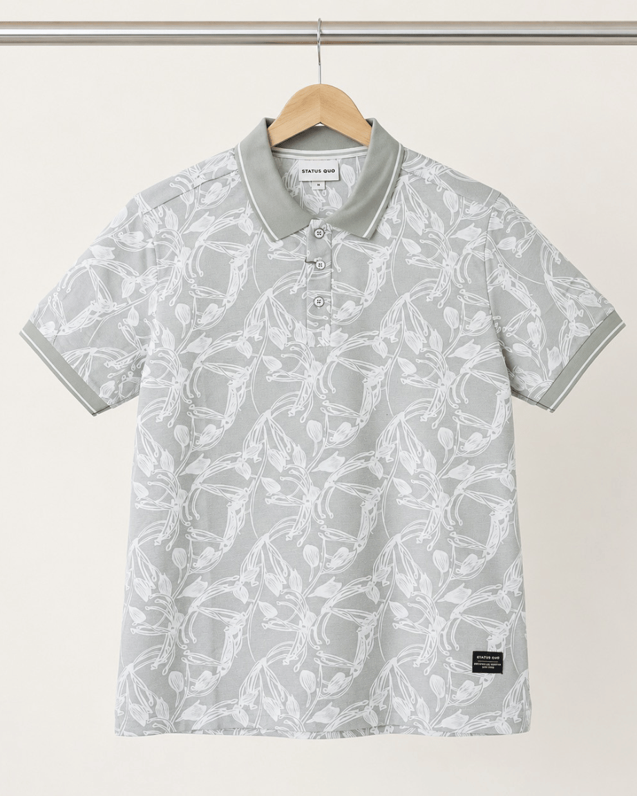 Mist Grey Floral Print Polo T-Shirt