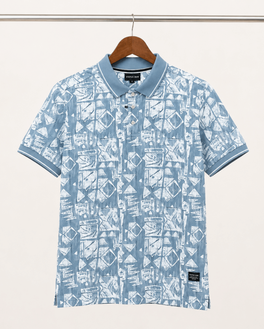 Ice Blue Geometric Print Polo T-Shirt