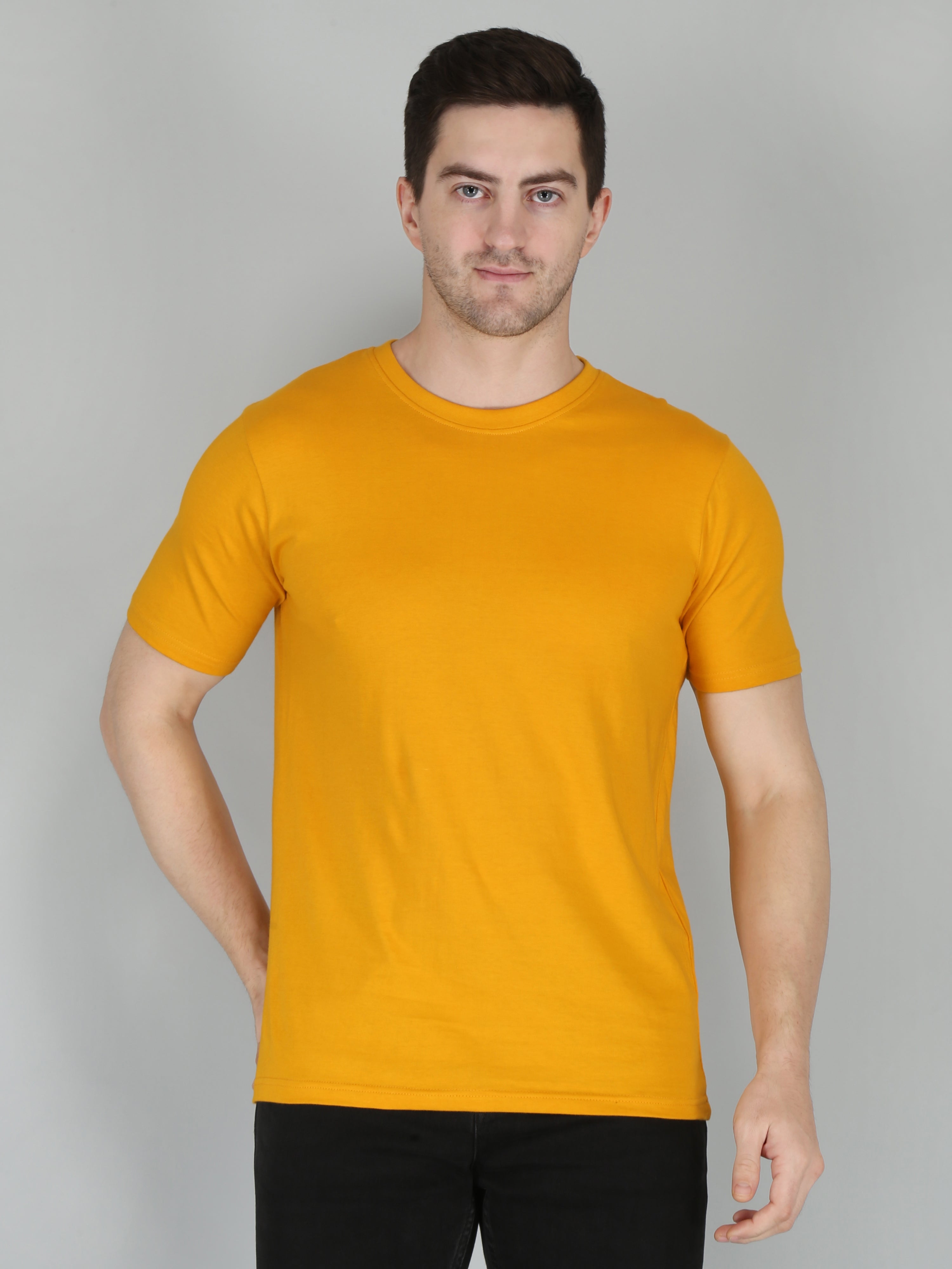 plain men's half sleeve t shirt mustard xs cotton round neck