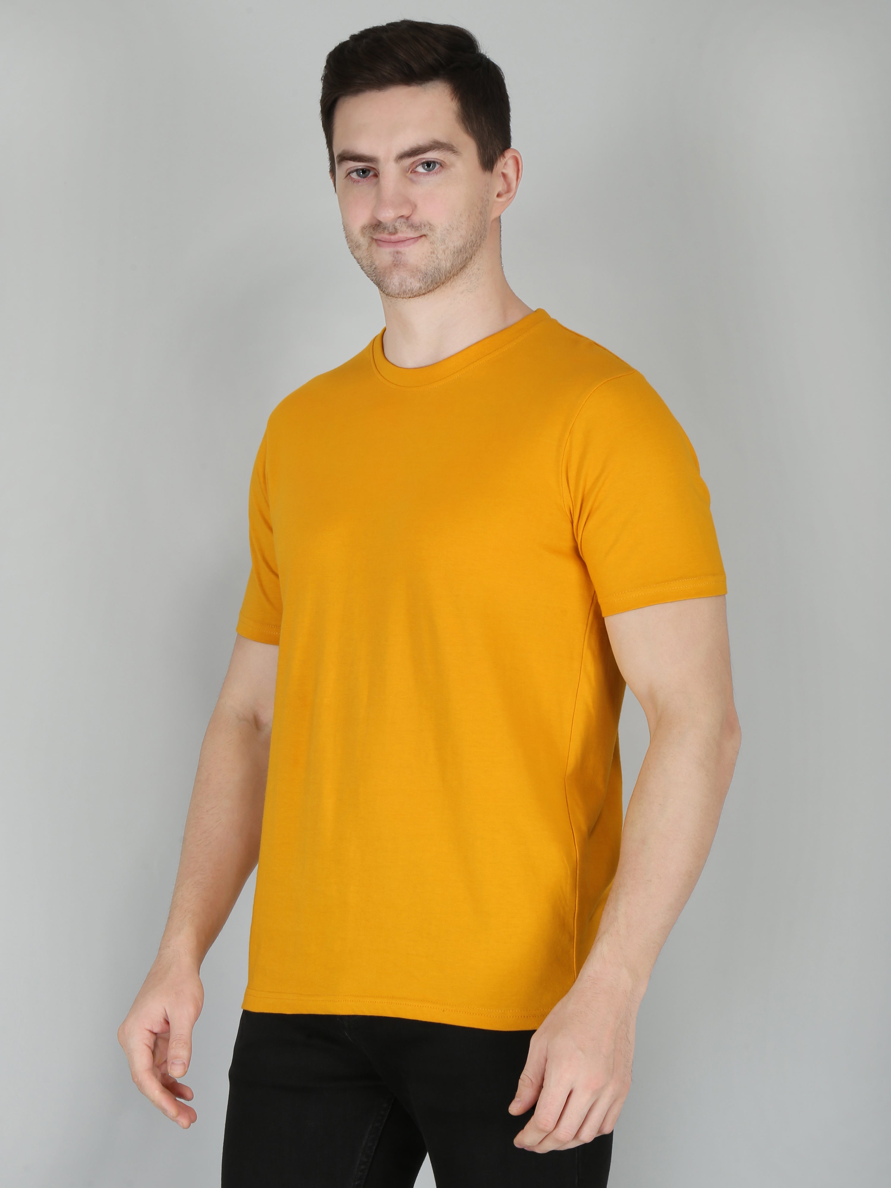 plain men's half sleeve t shirt mustard l cotton round neck