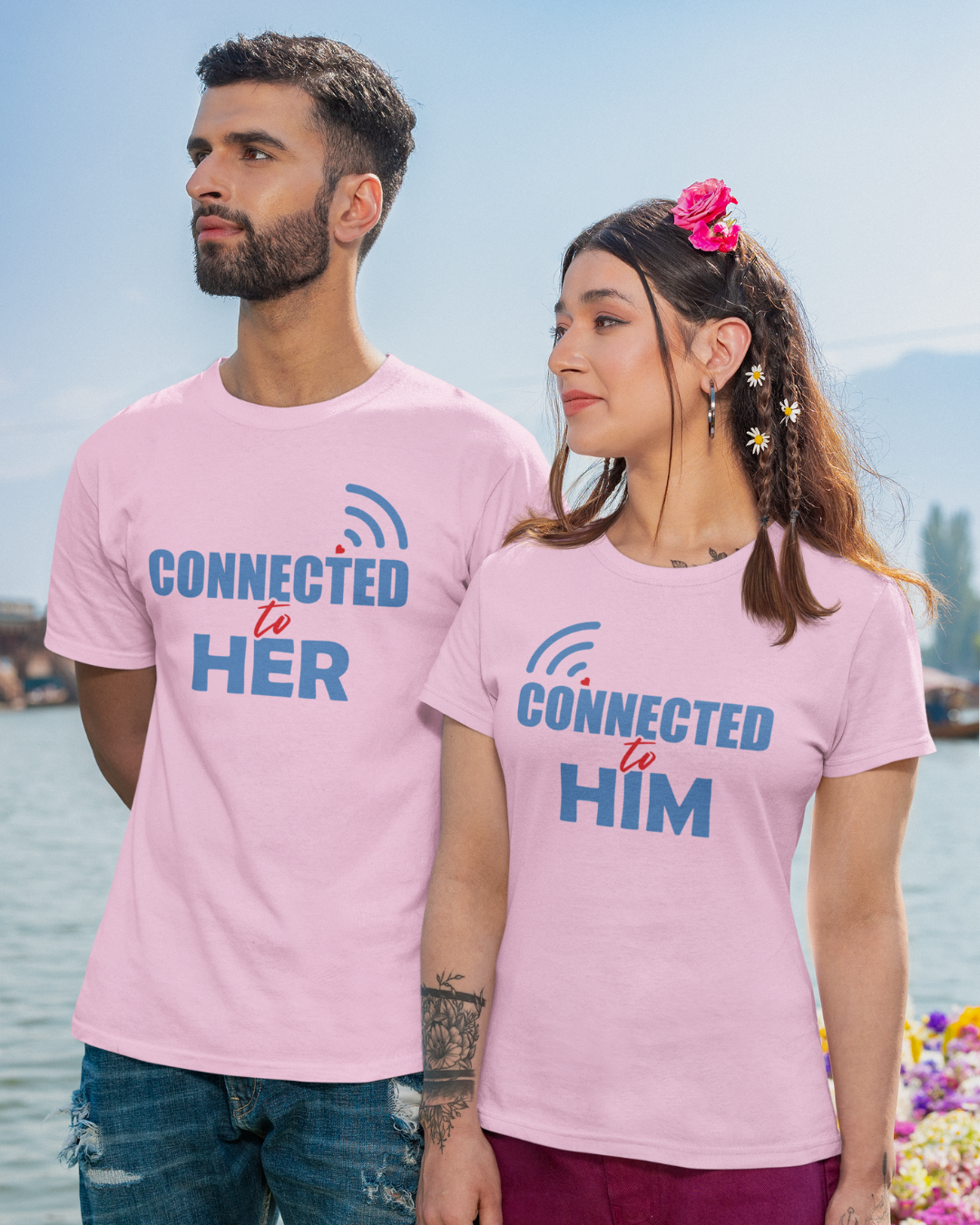 Connected to Her, Him Matching Couple T-shirt - Orchid Purple