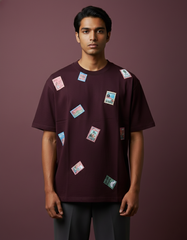 The Passport Collage Oversized Fit T-Shirt in Maroon