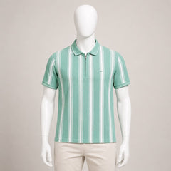 Men's Mint Green Vertical Striped Polo T-Shirt