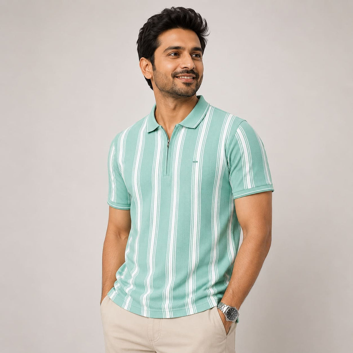 Men's Mint Green Vertical Striped Polo T-Shirt