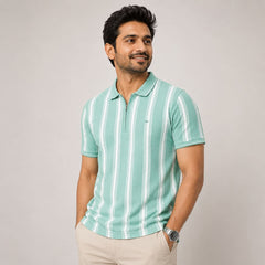 Men's Mint Green Vertical Striped Polo T-Shirt