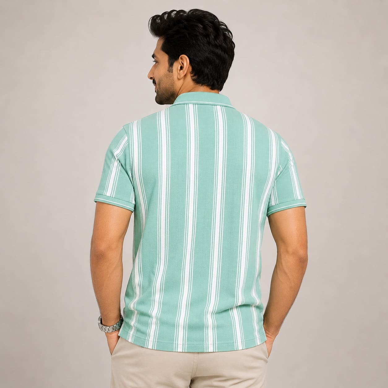 Men's Mint Green Vertical Striped Polo T-Shirt