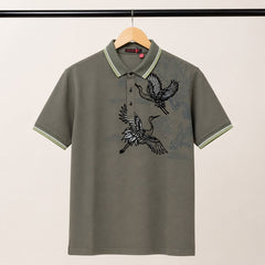 Men's Olive Green Crane Graphic Polo T-Shirt