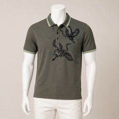 Men's Olive Green Crane Graphic Polo T-Shirt