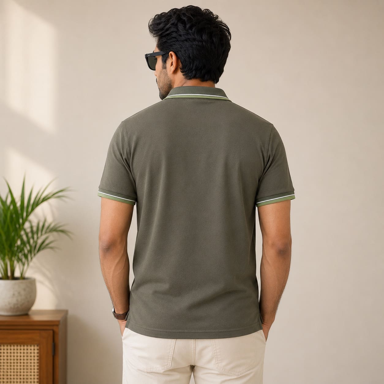 Men's Olive Green Crane Graphic Polo T-Shirt