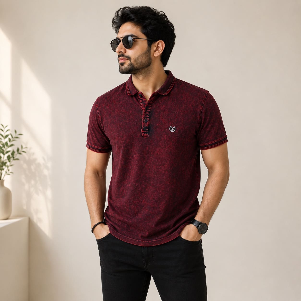 Men's Maroon Textured Polo T-Shirt
