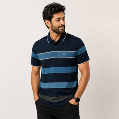 Men's Navy Blue Striped Polo T-Shirt