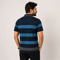 Men's Navy Blue Striped Polo T-Shirt
