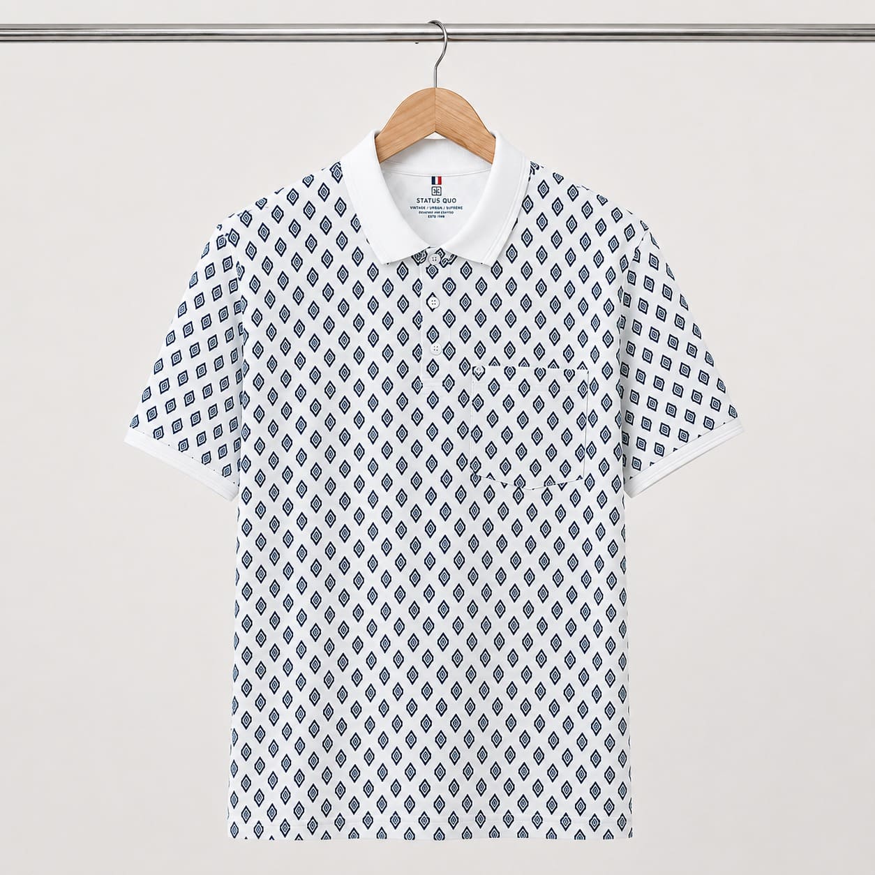 Men's White Geometric Print Polo T-Shirt