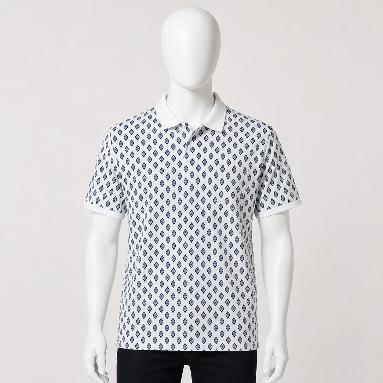 Men's White Geometric Print Polo T-Shirt