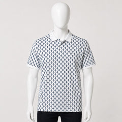 Men's White Geometric Print Polo T-Shirt