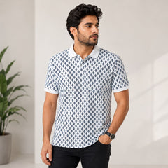 Men's White Geometric Print Polo T-Shirt