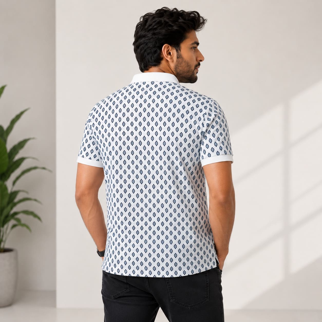 Men's White Geometric Print Polo T-Shirt