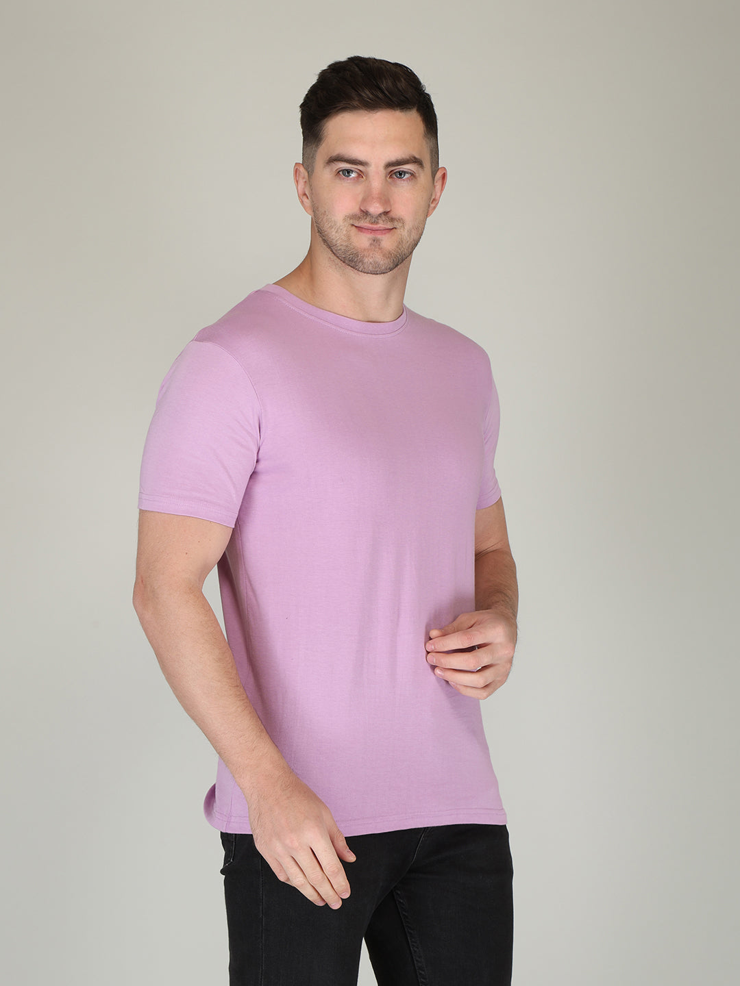 plain men's half sleeve t shirt lavender m cotton round neck
