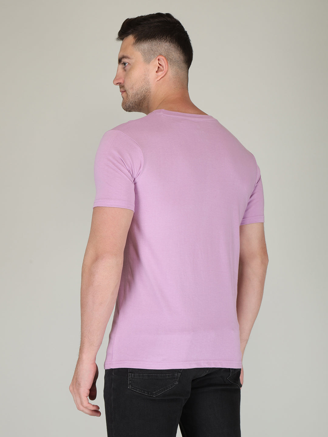 plain men's half sleeve t shirt lavender l cotton round neck
