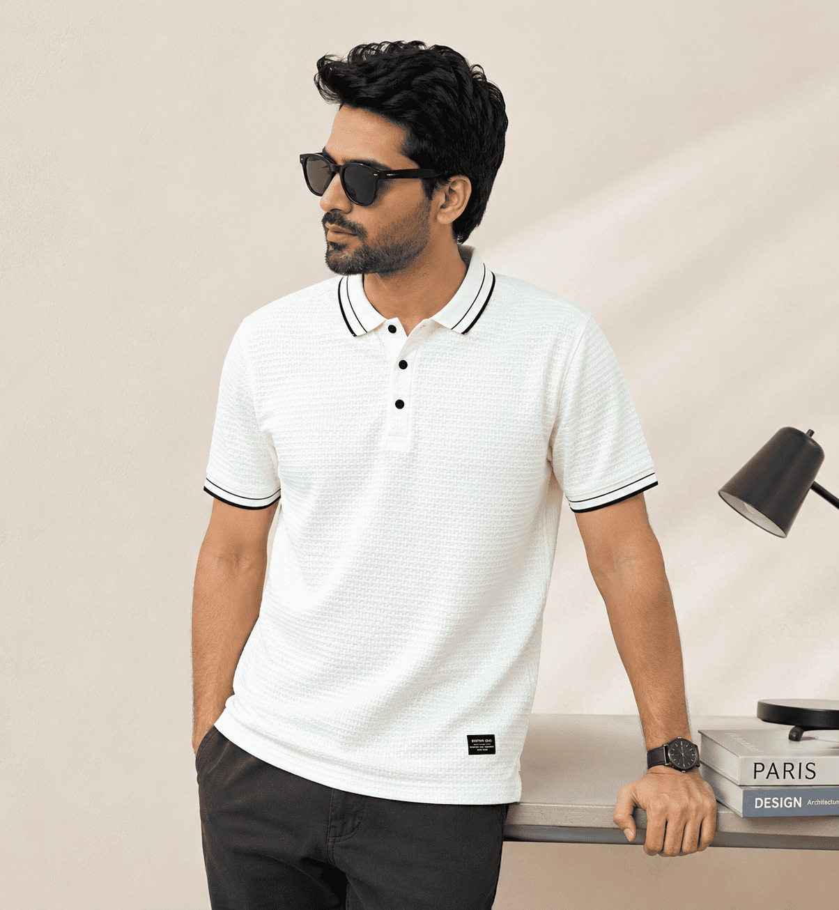 Men's White Textured Polo T-Shirt