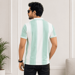 Men's White & Mint Green Vertical Striped Polo T-Shirt
