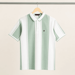 Men's White & Mint Green Vertical Striped Polo T-Shirt