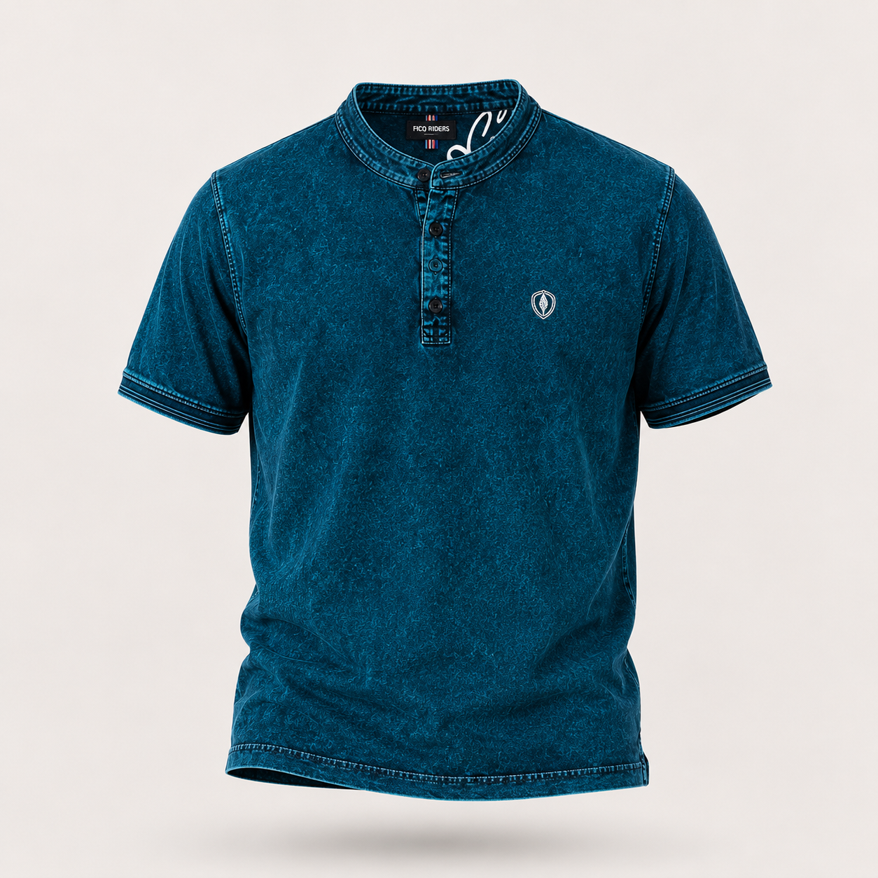 Men's Navy Blue Textured Mandarin Collar T-Shirt