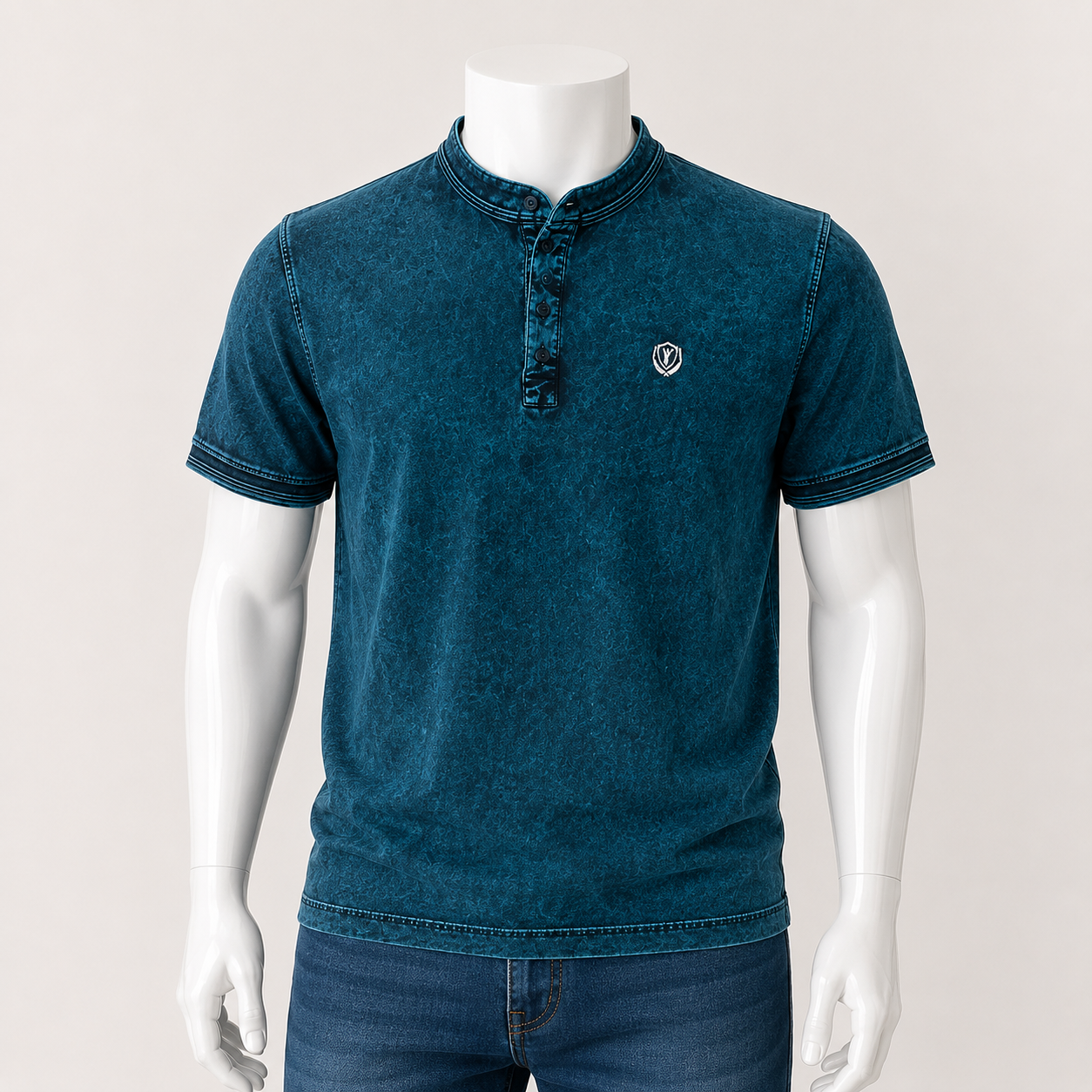 Men's Navy Blue Textured Mandarin Collar T-Shirt